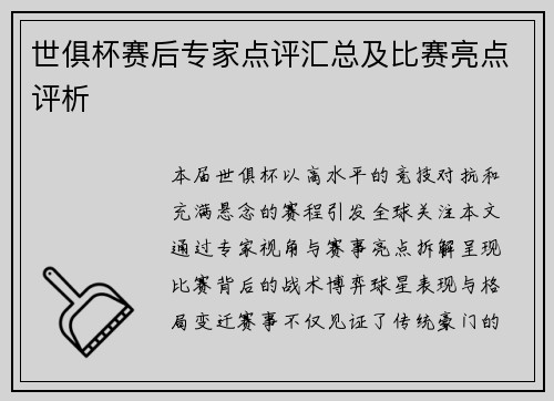 世俱杯赛后专家点评汇总及比赛亮点评析