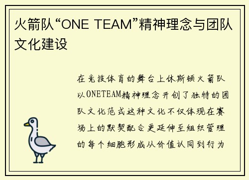 火箭队“ONE TEAM”精神理念与团队文化建设