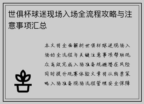 世俱杯球迷现场入场全流程攻略与注意事项汇总